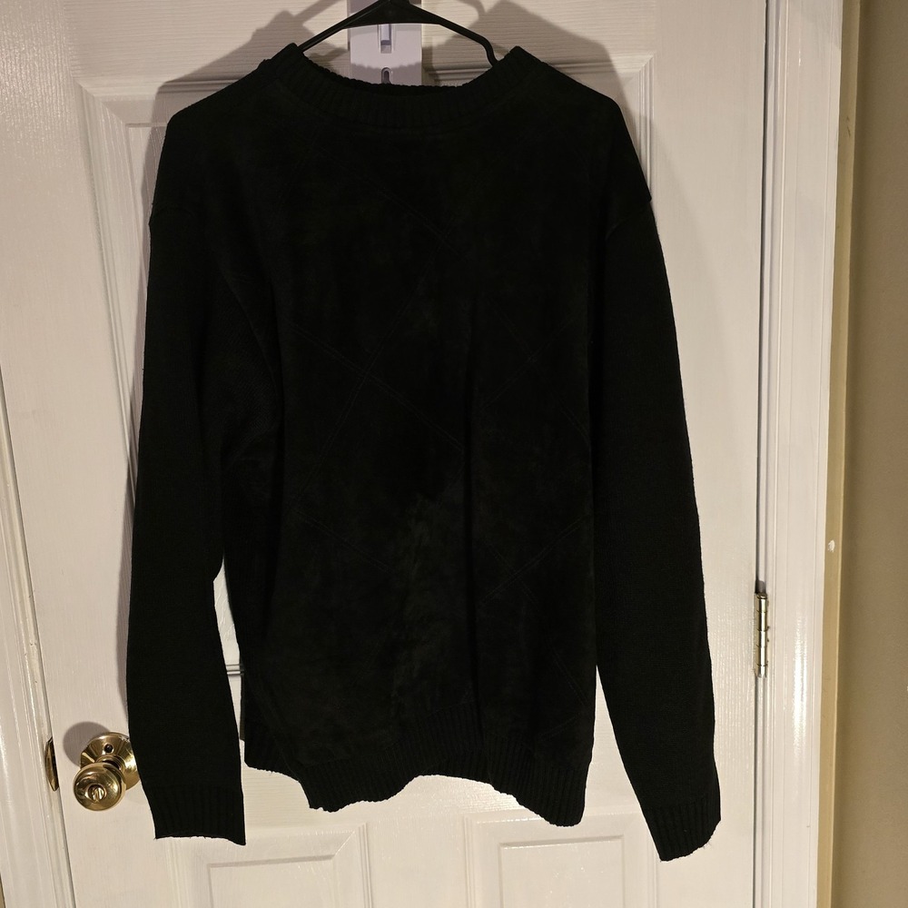 Crossings Mens Black Suede Front Knit Sweater Diamond Quilted Crewneck Medium
